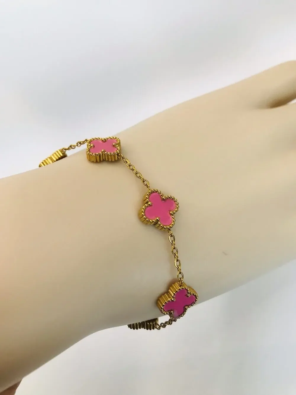 Stainless Steel Clover Bracelet for Women Lucky Pink Four leaf Bracelet sz 8